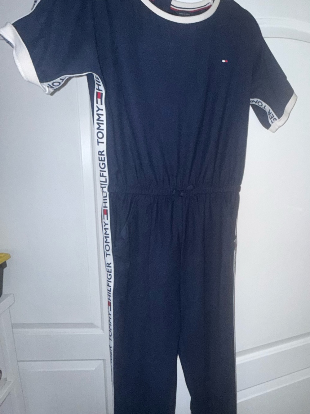 Tommy Hilfiger Navy Short-Sleeve Logo-Trim Jumpsuit